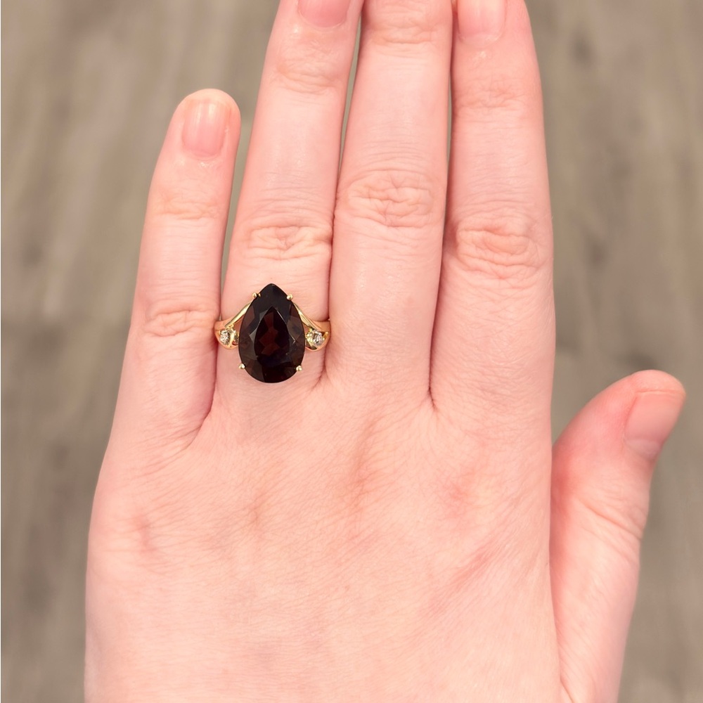 Vintage Pear Cut Smoky Quartz Ring: 14K Yellow Gold Filigree, Diamond, Size 7.5 - Picture 7 of 11